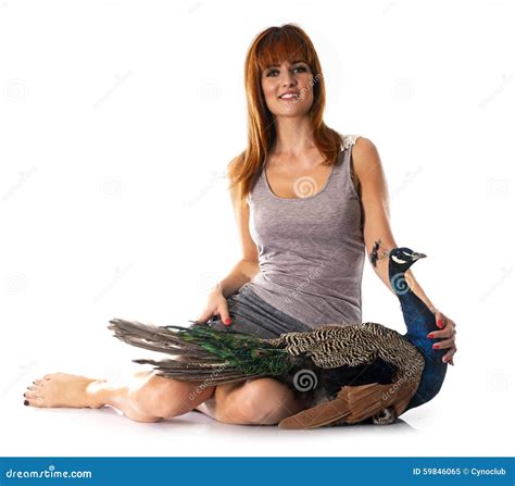 Young Woman And Peacock Stock Image Image Of Feather 59846065