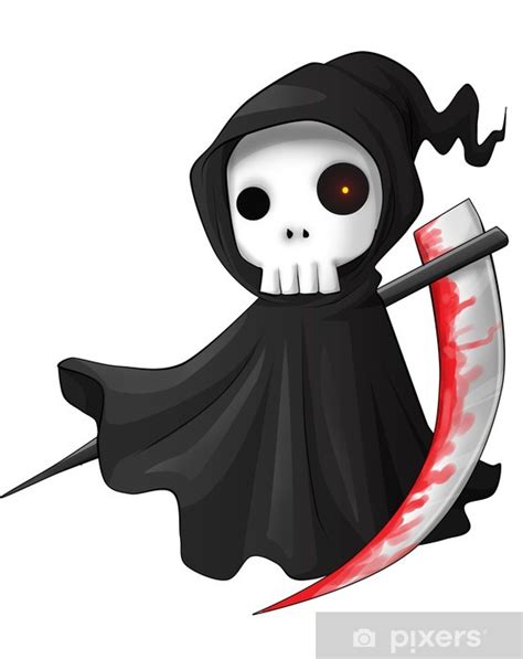 Wall Mural Cute Cartoon Grim Reaper With Scythe Isolated On White