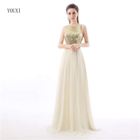 Charmming Chiffon Tulle With Top Champagne Gold Sequin Bridesmaid Dress