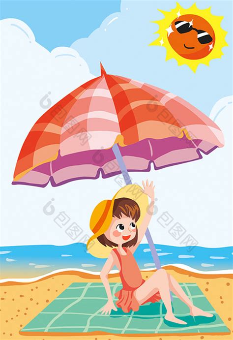 沙滩女孩海滨晒太阳游泳度假插图图片 包图网
