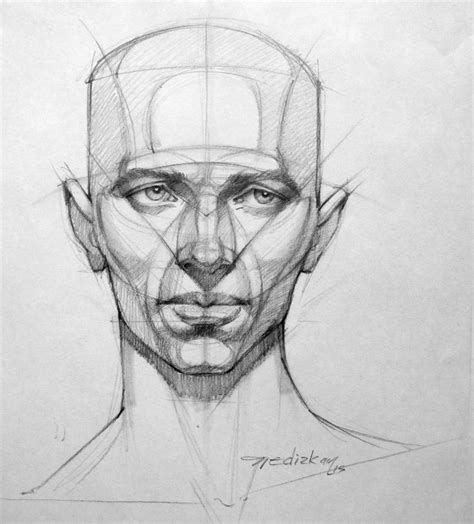 A Pencil Drawing Of A Man S Face With Lines On The Forehead And Shoulders