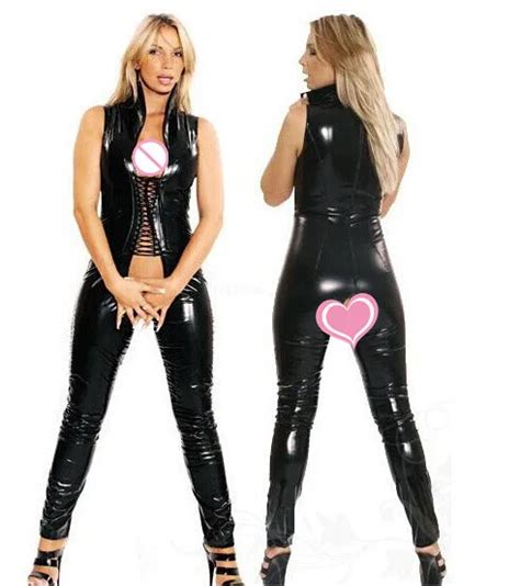 Hot Sexy Women Pu Leather Bodysuit Open Crotch Black Wetlook Shiny Catsuit Erotic Fetish Ds Lace