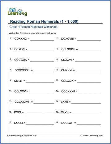We did not find results for: Grade 4 Math Worksheets: Reading Roman numerals (1-1,000 ...