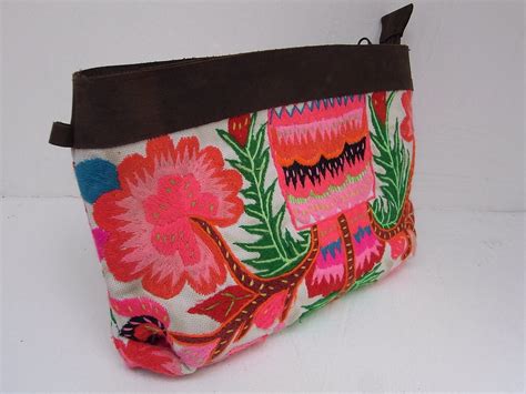 Pink Flowers Clutch HMONG Vintage Fabric Leather by ThaiHandbags