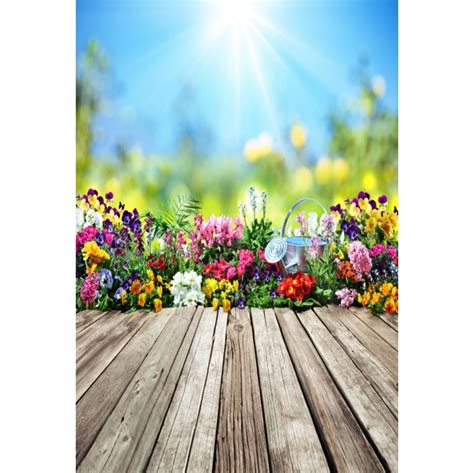 Laeacco Spring Backdrops Sunshine Blossom Flowers Garden Kettle Wooden