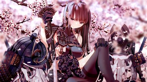Armor Atha Breasts Brown Hair Cherry Blossoms Flowers Gloves Long Hair