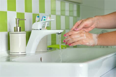 Woman Washing Hands With Soap In The Bathroom Stock Image Image Of