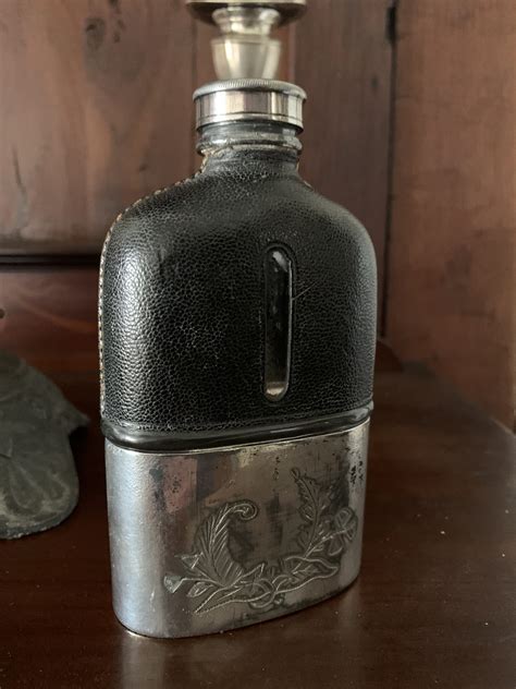 Antique Leather Bound Hip Flask Silver Plated La Bellegray