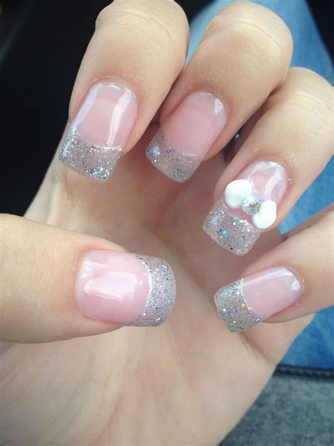 Acrylic Nails With Bow And Glitter French Tips Makeup