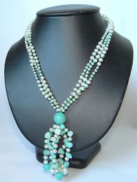 Freshwater Pearl Necklace With Natural Amazonite Handmade Item