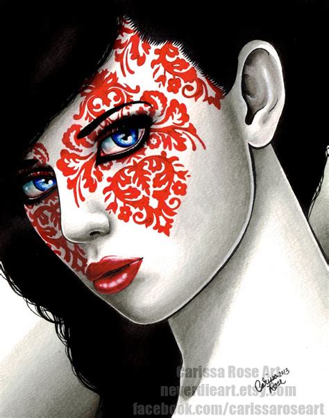 A Painting Of A Woman With Red And White Face Paint On Her Face Is Shown