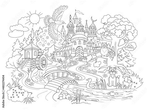 Fantasy Illustration Of Fairyland Kingdom Black And White Page For