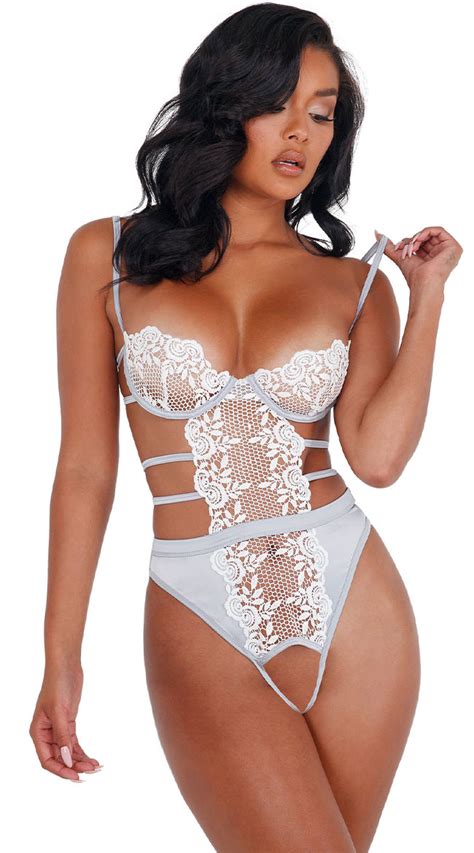 Tracing Lace Crotchless Teddy Sexy Strappy Lingerie
