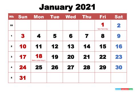 Choose from yearly, monthly, starting week on monday or sunday, with us holidays or blank, horizontal or vertical calendars. January 2021 Calendar with Holidays Printable - Free ...