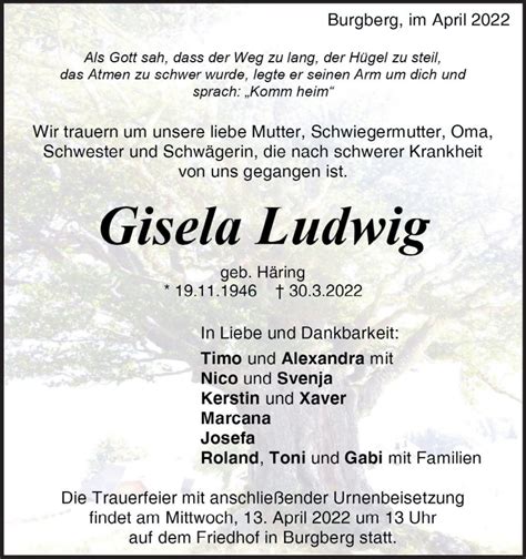 traueranzeigen von gisela ludwig trauer hz de