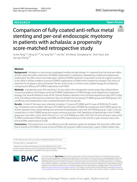 Pdf Comparison Of Fully Coated Anti Reflux Metal Stenting And Per
