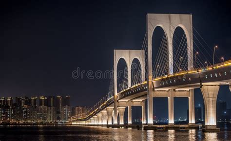 Ponte De Sai Van Bridge In Macao At Night With Lights Stock Photo