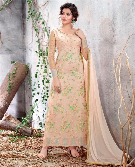 Cream Bamber Chiffon Straight Cut Pant Suit Salwar Kameez Designer