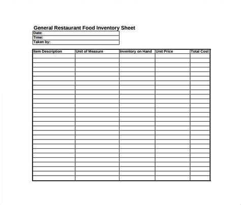 Blank Food Inventory Sheet Printable
