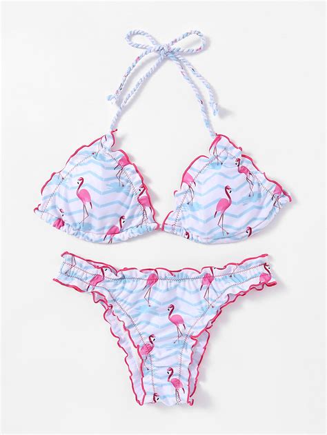 shop flamingo print lettuce edge bikini set online shein offers flamingo print lettuce edge