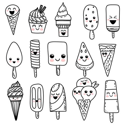 Cute Hand Drawn Kawaii Cartoon Characters Ice Cream With Smiling Faces