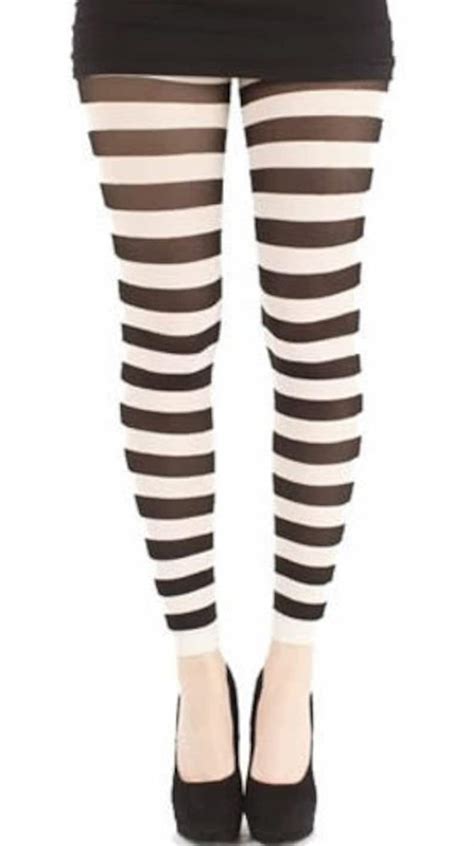 Off White Striped Footless Tights For Women Durable Two Tone Etsy