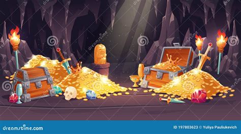 Cave with Treasure, Gold Coins and Jewelry Stock Vector - Illustration