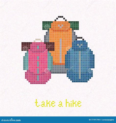 take a hike trekking rucksacks pixel art banner stock vector illustration of backpack pack