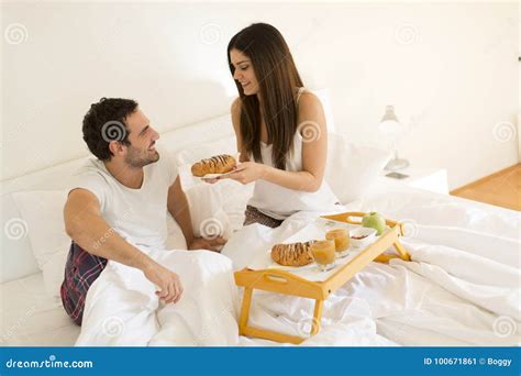 Romantic Couple Having Breakfast In Bed Stock Image Image Of Husband