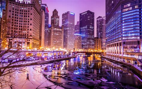 Cityscape Building Hdr River Ice Lights Chicago Wallpapers Hd