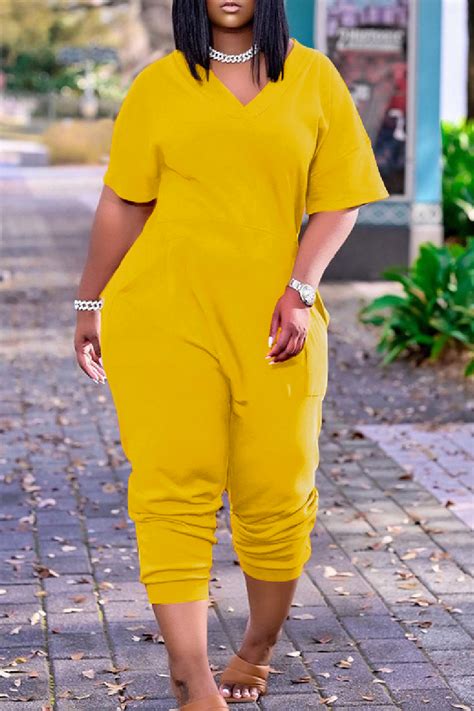 Wholesale Yellow Fashion Casual Solid Basic V Neck Plus Size Jumpsuits