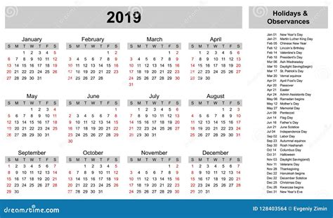Simple Calendar Template For 2019 Year With Holidays And Observances