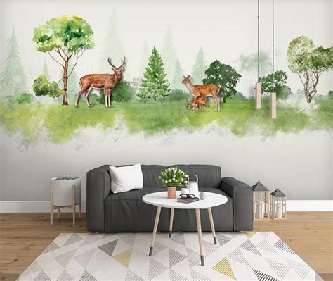3d Watercolor Forest Elk Animal Kids Bedroom Wallpaper