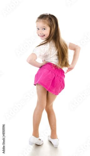 Adorable Happy Little Girl Posing Back View Isolated Stock Photo And