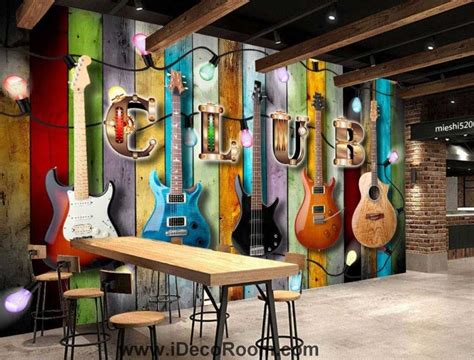 Colourful Wooden Wall With Electric Guitars Art Wall Murals Wallpaper
