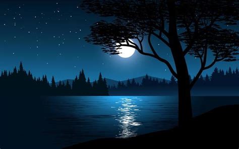 Night Scene With Moon Over River Landscape Download Free Vectors