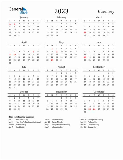 Free Guernsey Holidays Calendar For Year 2023