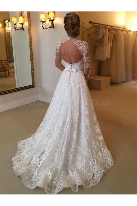 A Line High Neck Long Sleeves Keyhole Back Lace Wedding Dresses Bridal