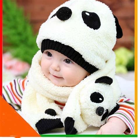 New Baby White Panda Shape Cotton Velvet Winter Hat Cap Scarf Sets One