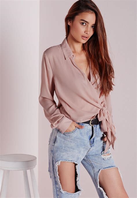 Missguided Wrap Over Tie Side Blouse Nude 4 At £25 Love The Brands