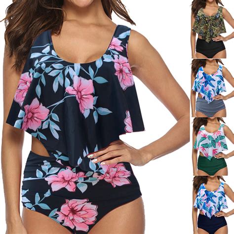 Swimwear Women Plus Size Lotus Leaf Print Swimsuit Women High Waist