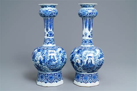 A Pair Of Tall Dutch Delft Blue And White Chinoiserie Vases Late 17th