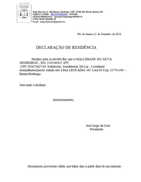 Declaração De Residencia De Lidiane Da Silva Negreirosdocx