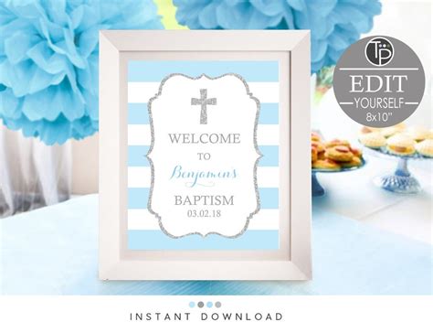Boy Baptism Welcome Sign Blue Silver Baptism Welcome Editable Etsy