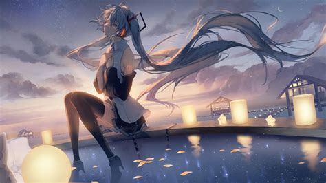 Hatsune Miku Anime Girl Headphones Looking Away Sunset Wallpaperhd