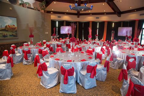 Red And Silver Wedding Reception Set Up At Lake Club At Lake Las Vegas