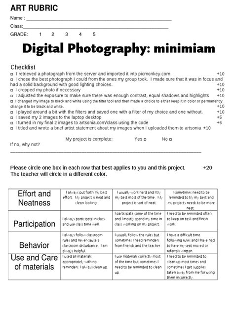 Art Rubric Minimiam Digital Photography Editing Exposure