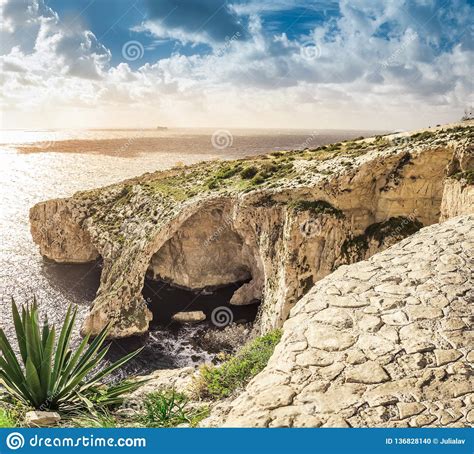 Blue Grotto Malta Natural Stone Arch And Sea Caves Stock Photo