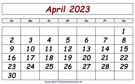 Kostenlos April 2023 Kalender Zum Ausdrucken Pdfword