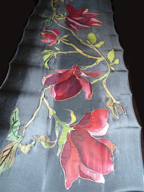 Silk Scarf With Magnolia Silk Scarf Painting Fabric Painting Silk